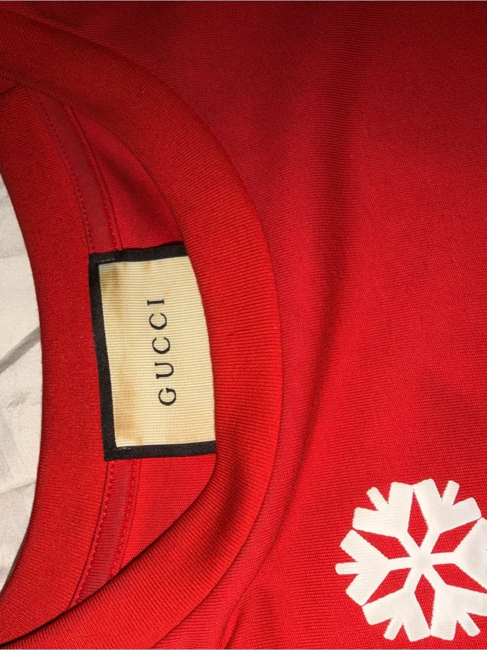 Gucci Adult Red Christmas shirt with White Snowflakes and Green-Gold Stripe